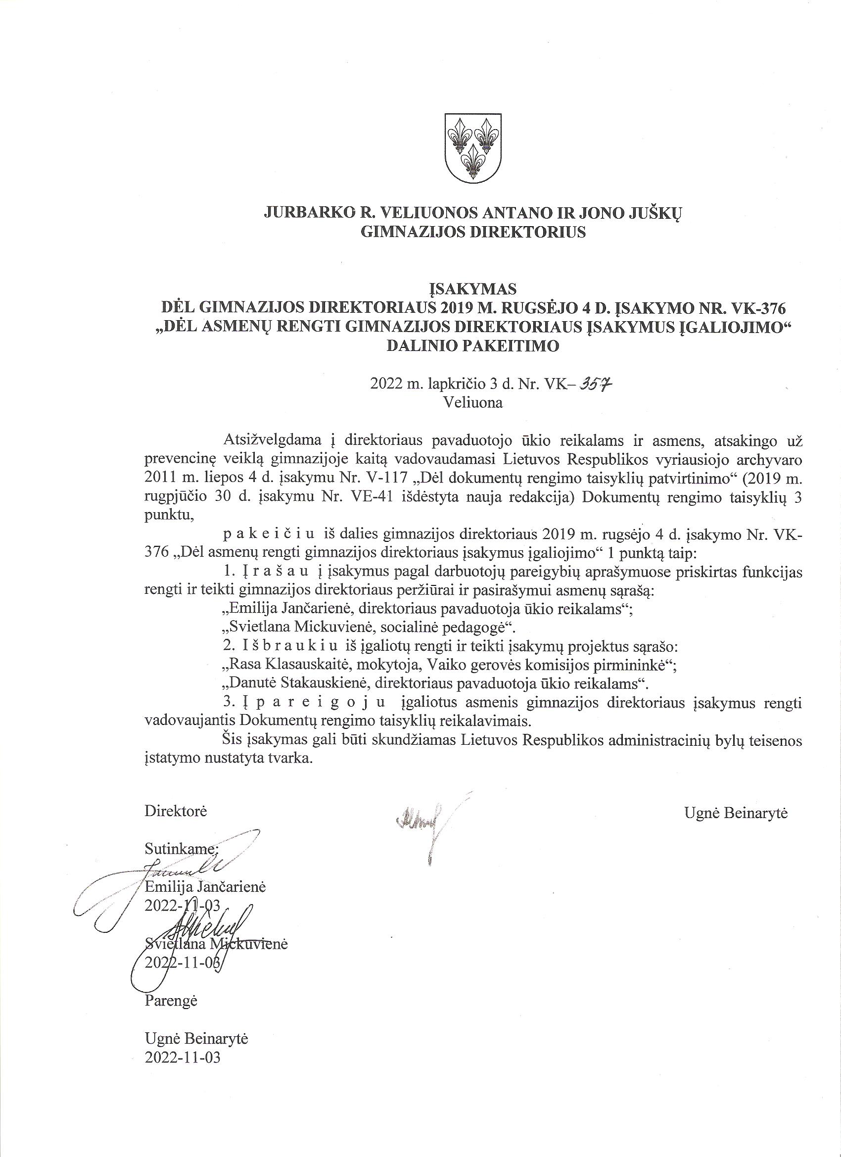 Įsakymas dėl atsakingo asmens už smurto ir patyčių atvejų registravimą gimnazijoje paskyrimo 2022 m.